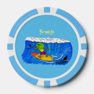 Funny frilled neck lizard surfing cartoon poker chips