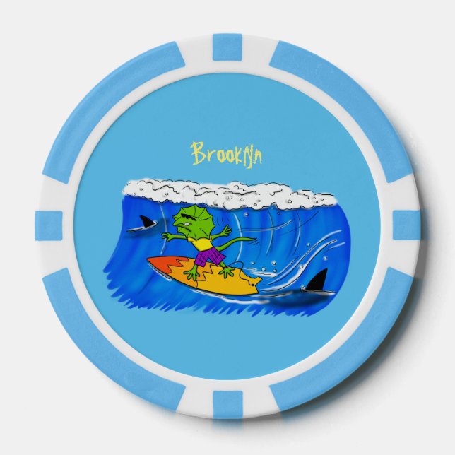 Funny frilled neck lizard surfing cartoon poker chips (Front)