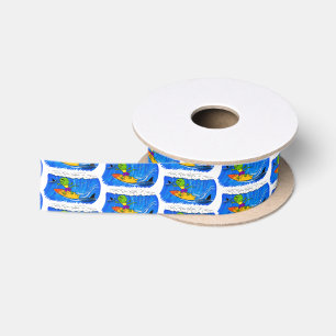 Funny frilled neck lizard surfing cartoon satin ribbon