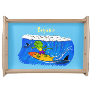 Funny frilled neck lizard surfing cartoon serving tray