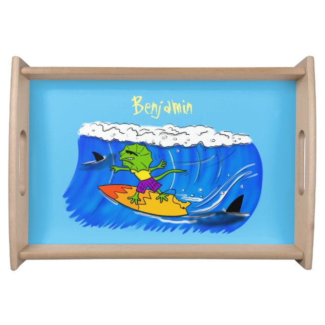 Funny frilled neck lizard surfing cartoon serving tray (Front)