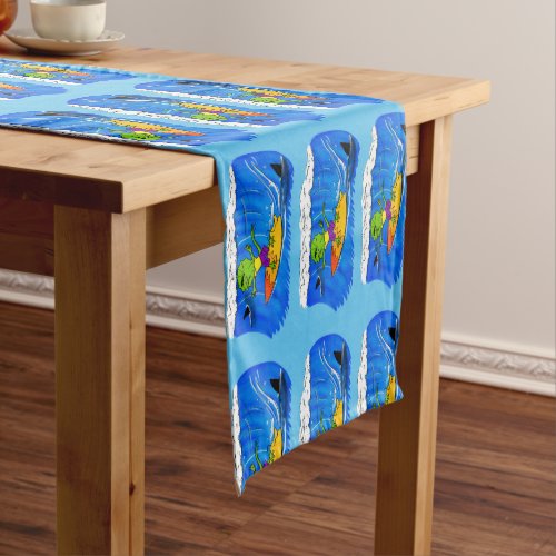 Funny frilled neck lizard surfing cartoon short table runner