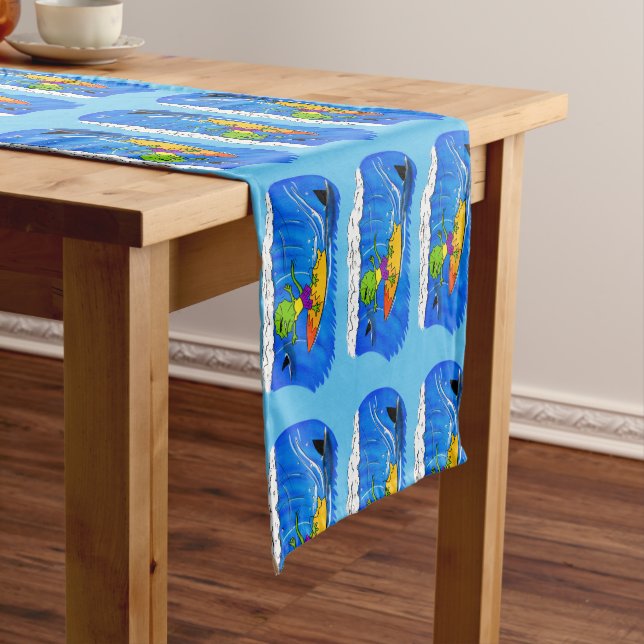 Funny frilled neck lizard surfing cartoon short table runner (In Situ)