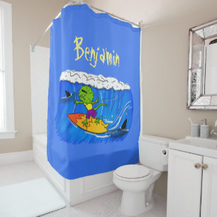 Funny frilled neck lizard surfing cartoon shower curtain