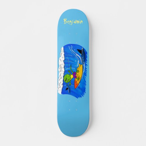 Funny frilled neck lizard surfing cartoon skateboard