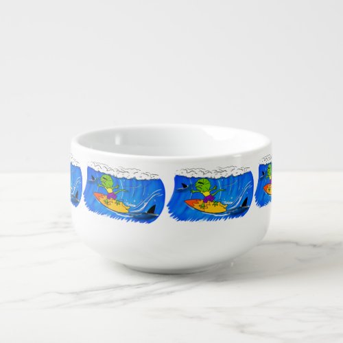 Funny frilled neck lizard surfing cartoon soup mug