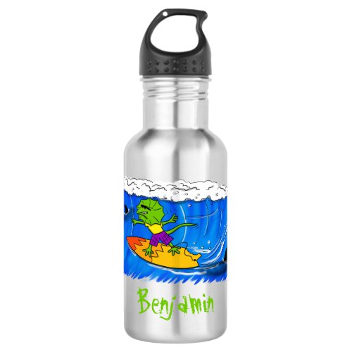 Funny frilled neck lizard surfing cartoon stainless steel water bottle