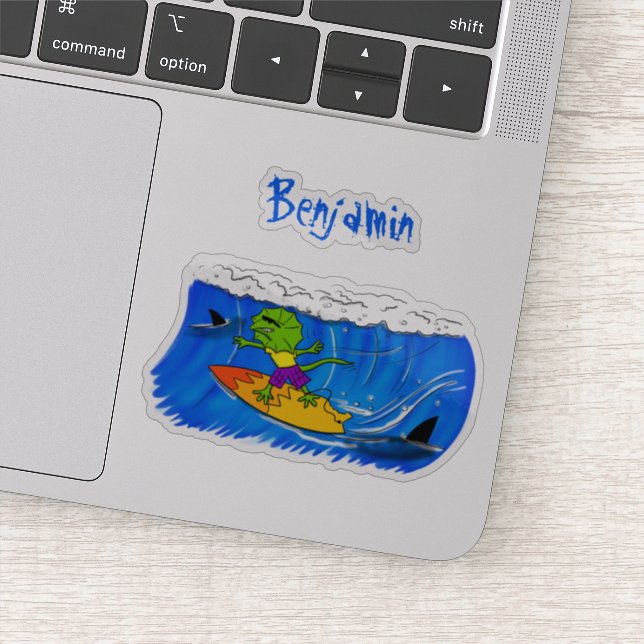 Funny frilled neck lizard surfing cartoon sticker (Detail)