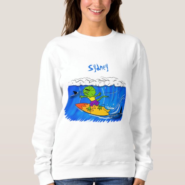 Funny frilled neck lizard surfing cartoon sweatshirt (Front)