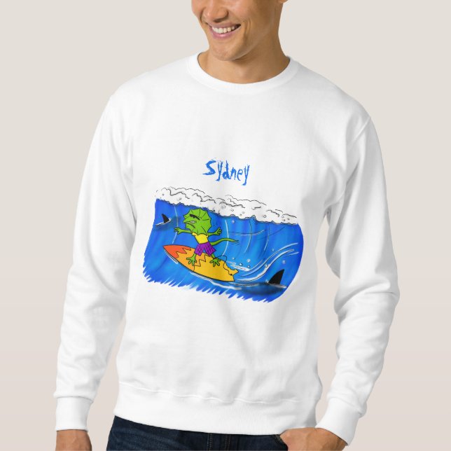 Funny frilled neck lizard surfing cartoon sweatshirt (Front)