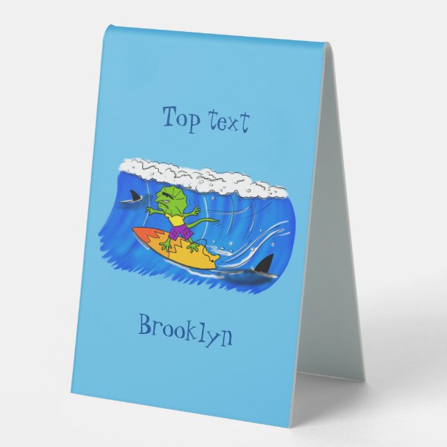 Funny frilled neck lizard surfing cartoon table tent (Front)