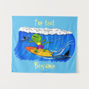 Funny frilled neck lizard surfing cartoon tapestry