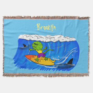 Funny frilled neck lizard surfing cartoon throw blanket