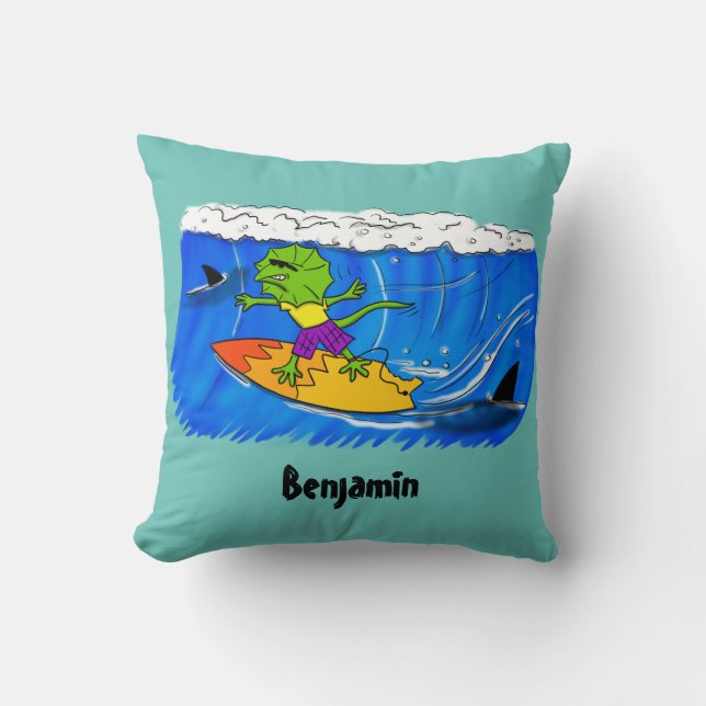 Funny frilled neck lizard surfing cartoon throw pillow (Front)