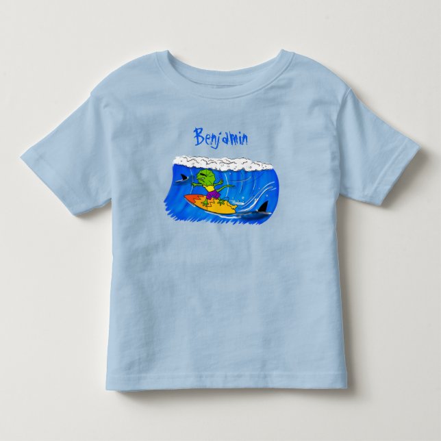 Funny frilled neck lizard surfing cartoon toddler t-shirt (Front)
