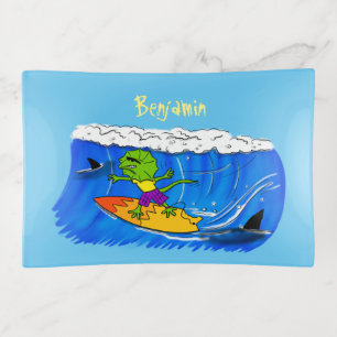 Funny frilled neck lizard surfing cartoon trinket tray
