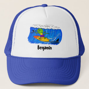 Funny frilled neck lizard surfing cartoon trucker hat