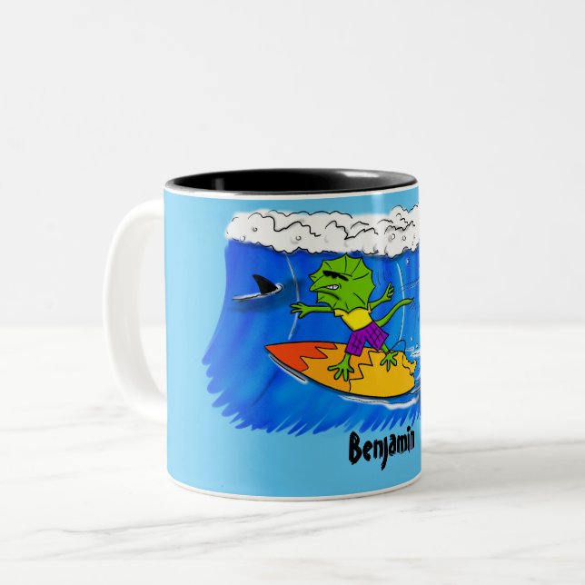 Funny frilled neck lizard surfing cartoon Two-Tone coffee mug (Front Left)