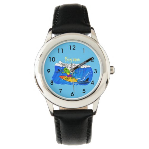 Funny frilled neck lizard surfing cartoon watch