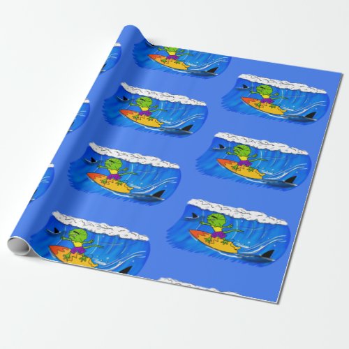 Funny frilled neck lizard surfing cartoon wrapping paper