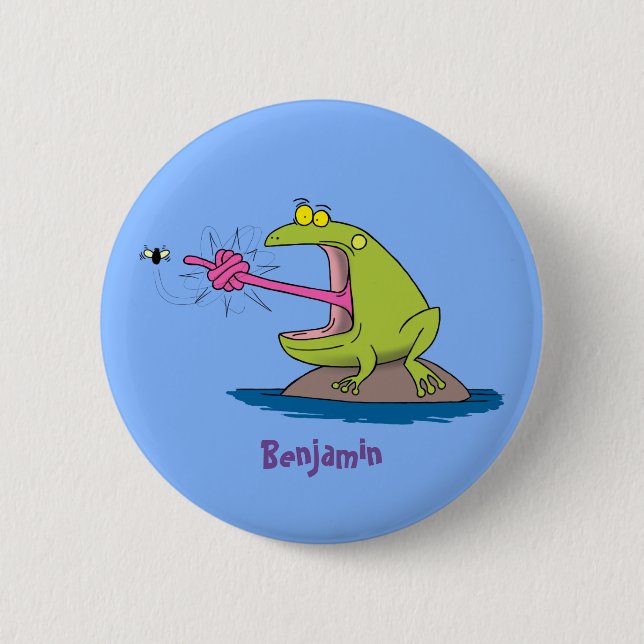 Funny frog and fly cartoon button (Front)