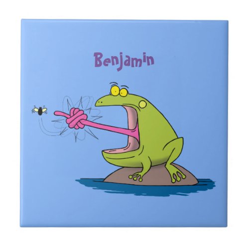 Funny frog and fly cartoon ceramic tile