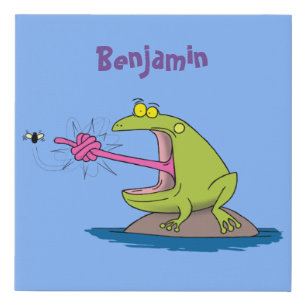 Funny frog and fly cartoon faux canvas print