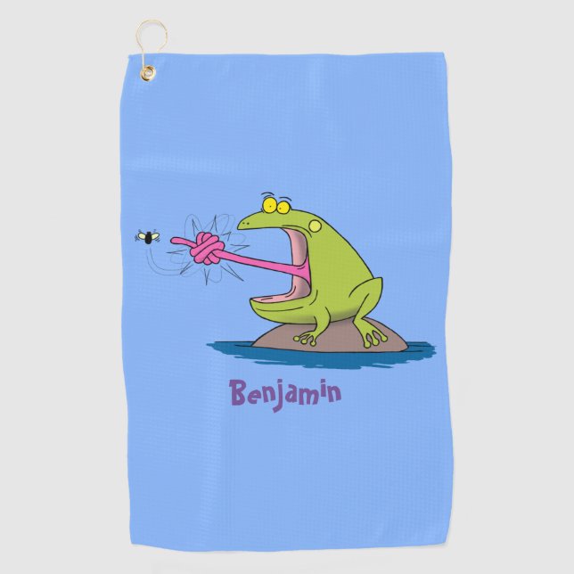 Funny frog and fly cartoon golf towel (Front)