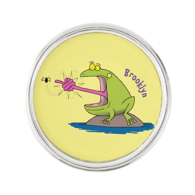 Funny frog and fly cartoon lapel pin (Front)