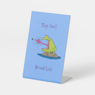 Funny frog and fly cartoon pedestal sign