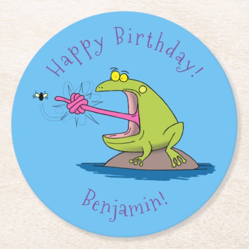 Funny frog and fly cartoon round paper coaster