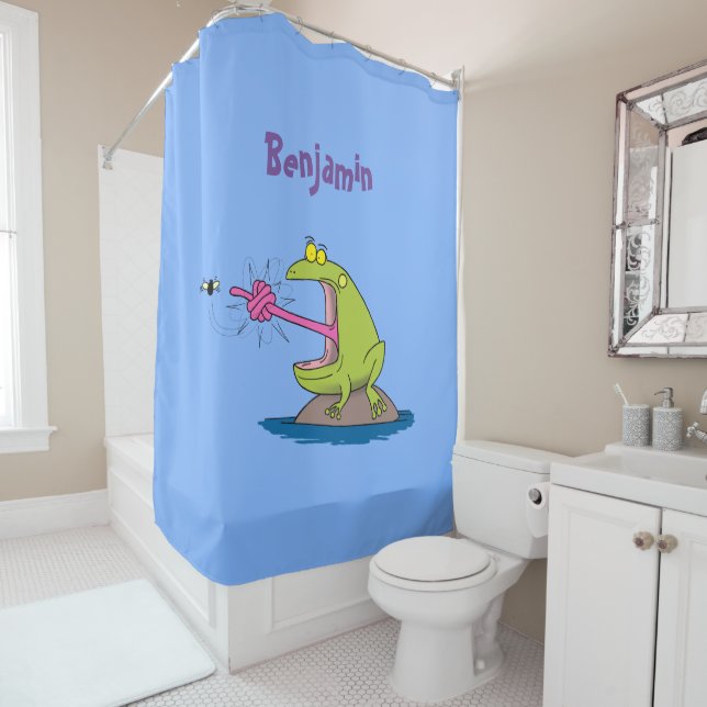 Funny frog and fly cartoon shower curtain (In Situ)