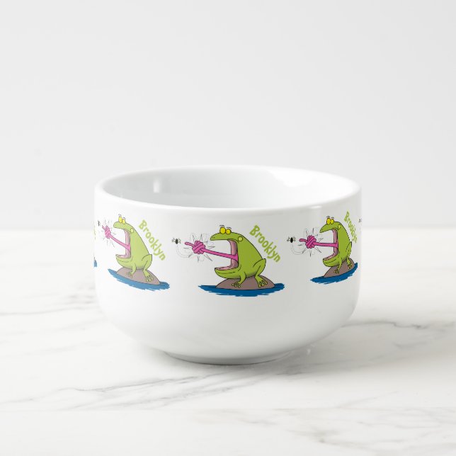 Funny frog and fly cartoon soup mug (Front)