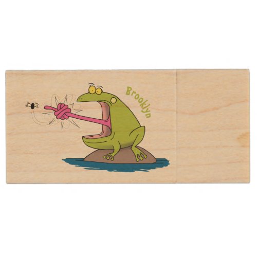 Funny frog and fly cartoon wood flash drive