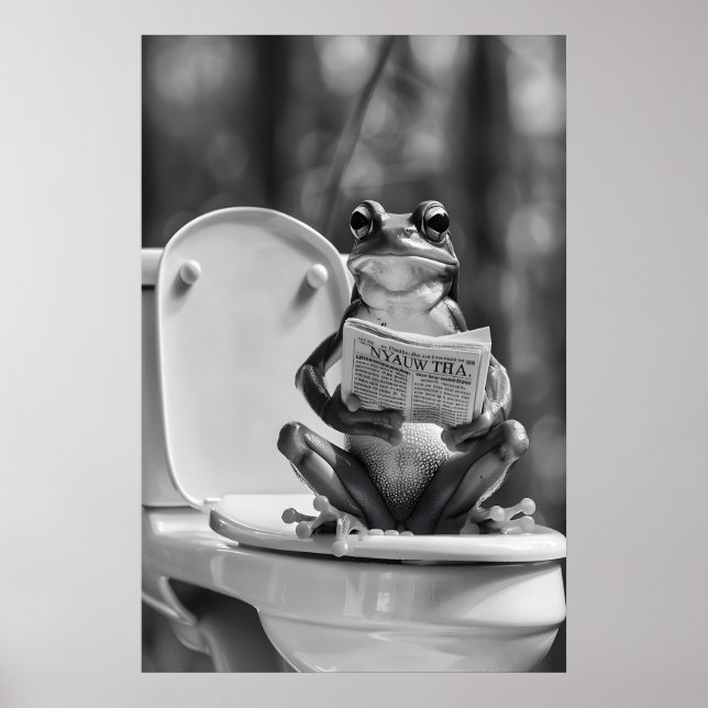Funny Frog Bathroom Print, Reading Newspaper on Poster (Front)