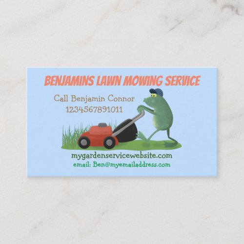 Funny frog cartoon lawn mowing gardening services business card