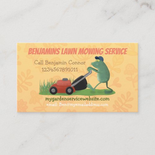 Funny frog cartoon lawn mowing gardening services business card