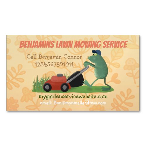 Funny frog cartoon lawn mowing gardening services business card magnet