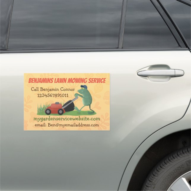 Funny frog cartoon lawn mowing gardening services  car magnet (In Situ)