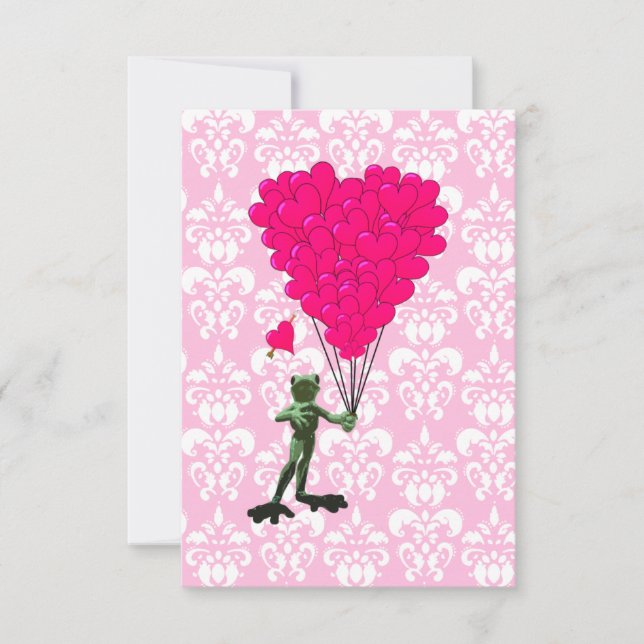 Funny frog cartoon & pink heart on damask (Front)