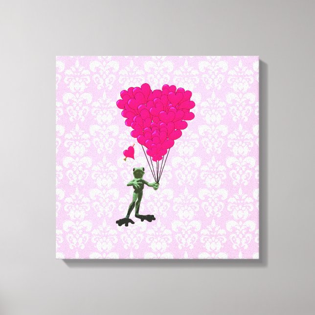 Funny frog cartoon & pink heart on damask canvas print (Front)