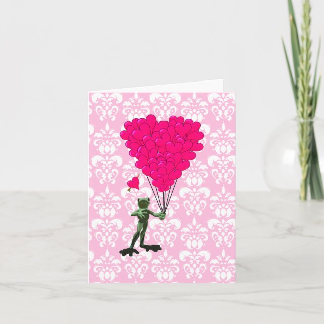 Funny frog cartoon & pink heart on damask holiday card (Front)