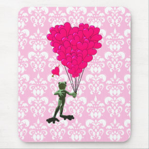 Funny frog cartoon & pink heart on damask mouse pad