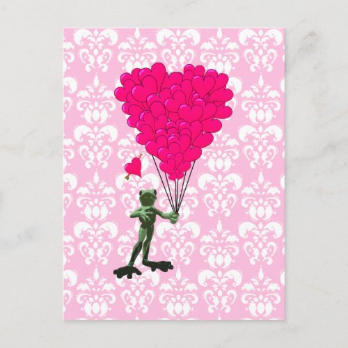 Funny frog cartoon  pink heart on damask postcard