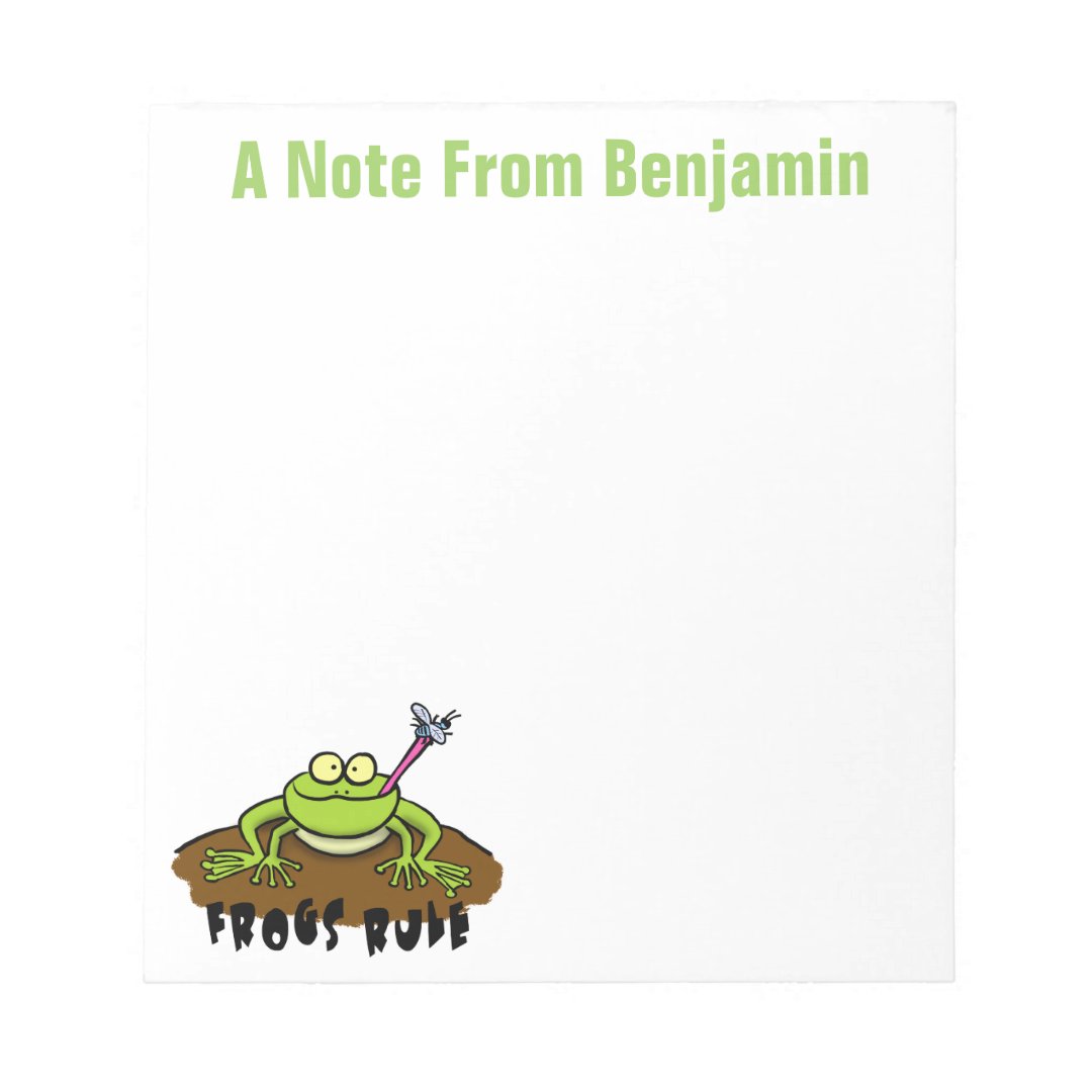Funny frog catching fly cartoon design notepad | Zazzle