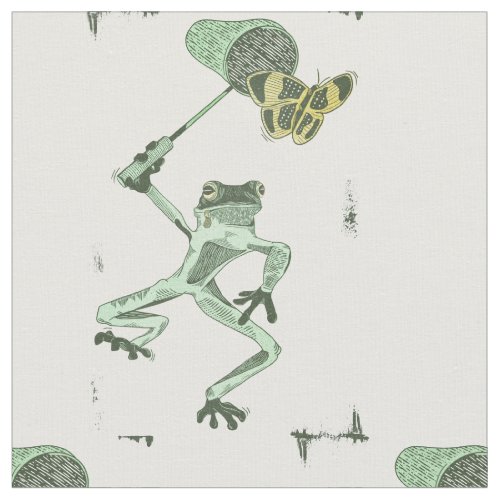 Funny frog chasing a butterfly fabric
