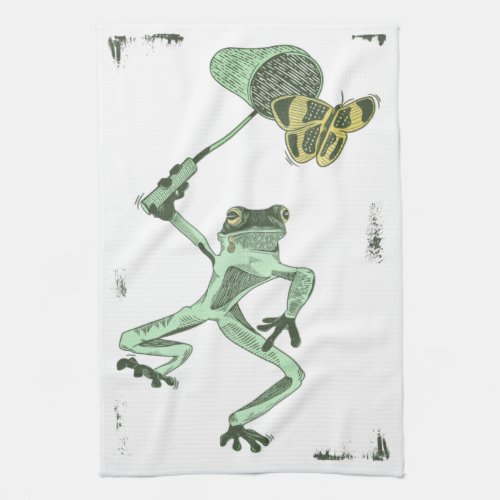 Funny frog chasing a butterfly kitchen towel