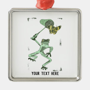 Funny frog chasing a butterfly metal ornament