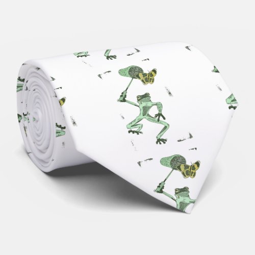 Funny frog chasing a butterfly neck tie