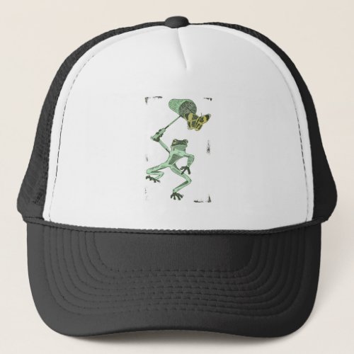Funny frog chasing a butterfly trucker hat